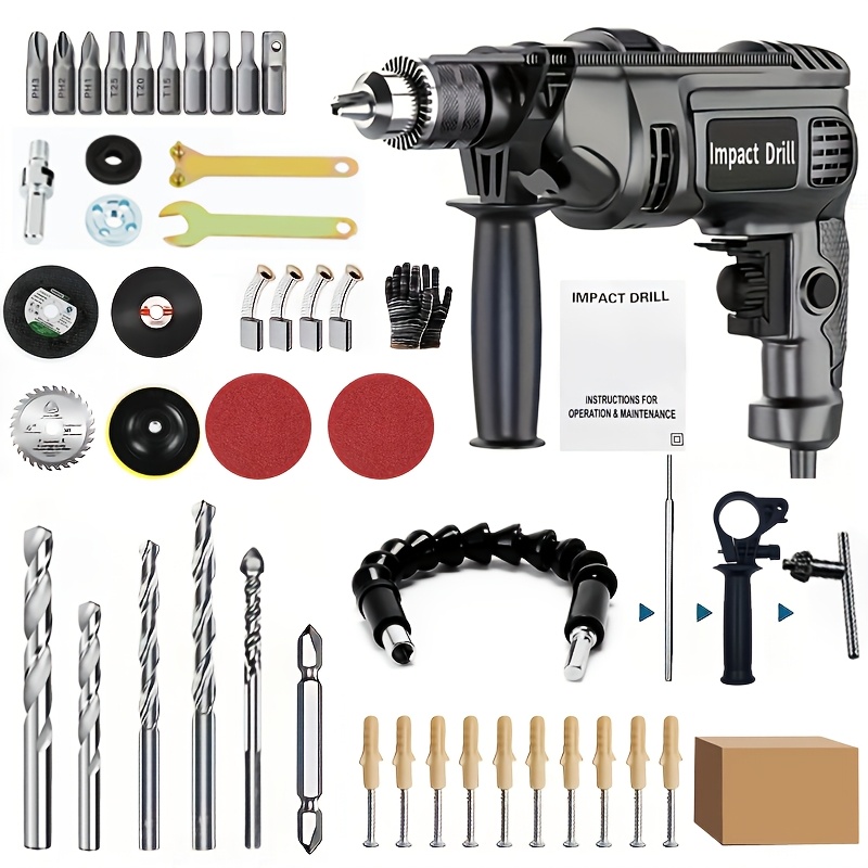 

1pc Impact Drill Set, 110v-130v Supply, Us Plug, Wired Drill For Home Decoration, Woodworking, Includes Multiple Bits And Accessories, No Battery Required