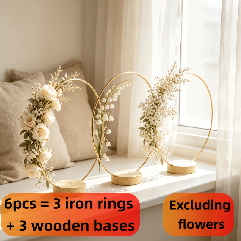 TEMU 6pcs Set Of Golden Metal Wreath Centerpieces With Wooden Bases, 3 Shapes: Round, Square, And Triangular Geometric Metal Wreath Frame Stands, Diy