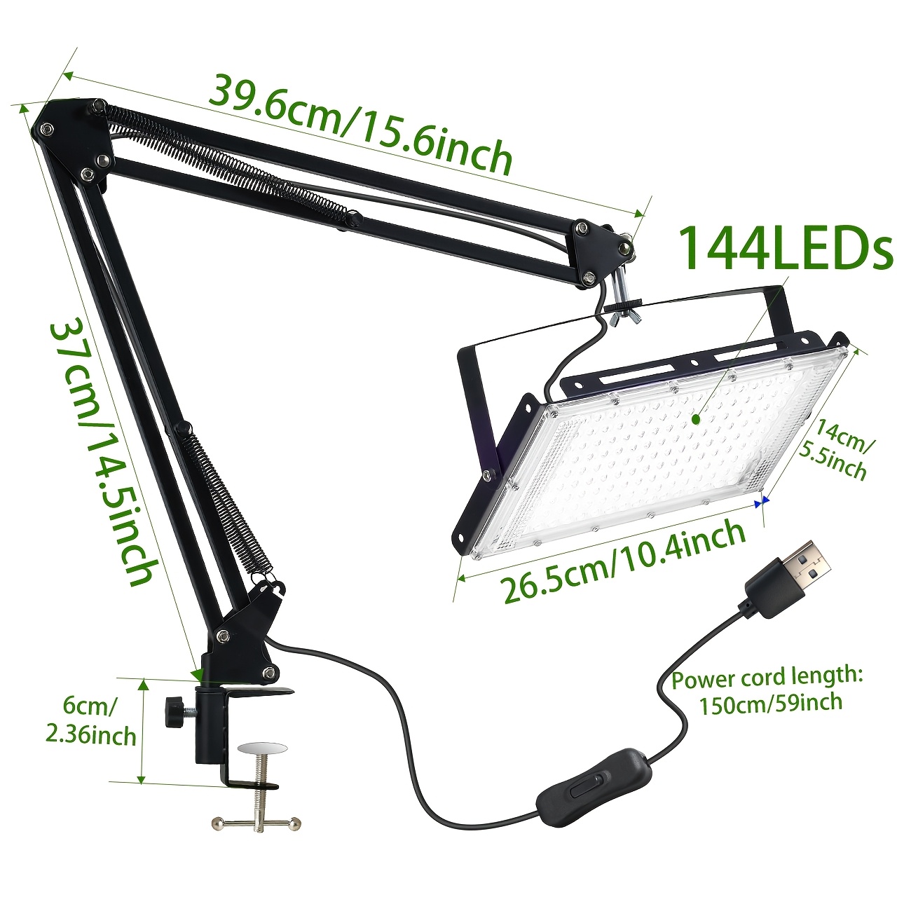 Image of Portable 6000k Daylight White Usb Led Clip Lamp, 96/144pcs Led Beads, Usb , 59.06 Inch Long Cord With Switch, Flexible Height & Angle Adjustable, Table Light For Office, Study, Drawing, Workshop