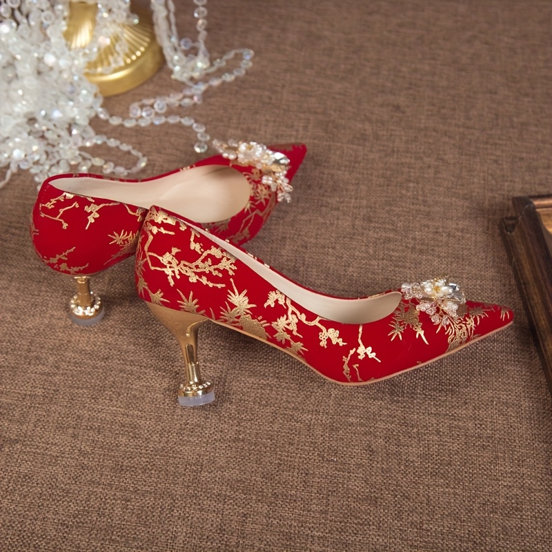 Wedding Shoes Red Shoes With Gold Heels Elegant Red Embroidered