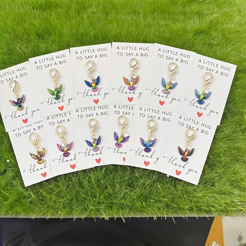 TEMU 12pcs Set Of Colorful Hummingbird Keychains With Thank You Cards, Enamel Bird Key Rings, Suitable For Backpacks, Handbags, Car Keys, Cute