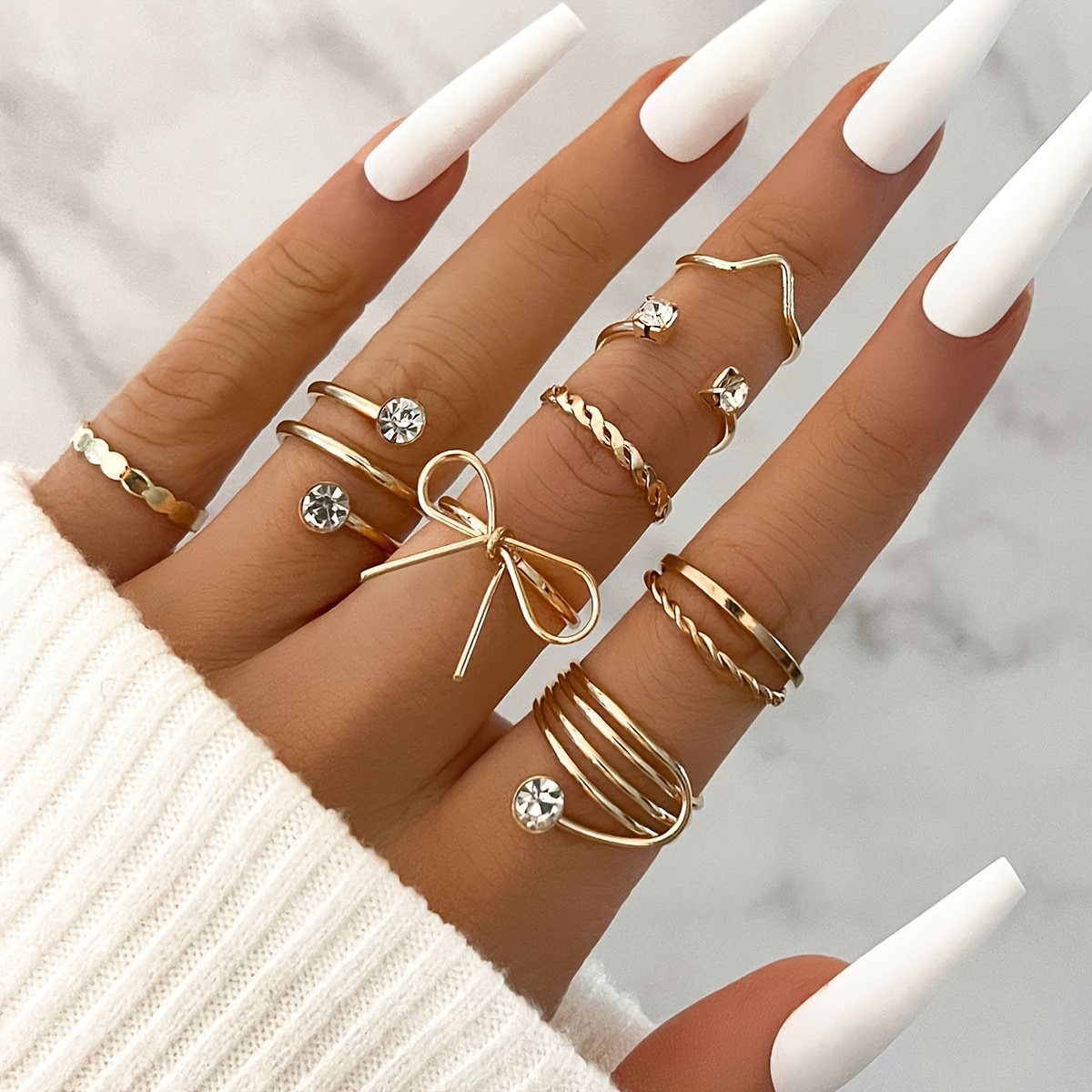8pcs Set Rhinestone Ring Stackable Set Easy Thin Ring Bow Ring Geometric All-match Ring Stackable Set