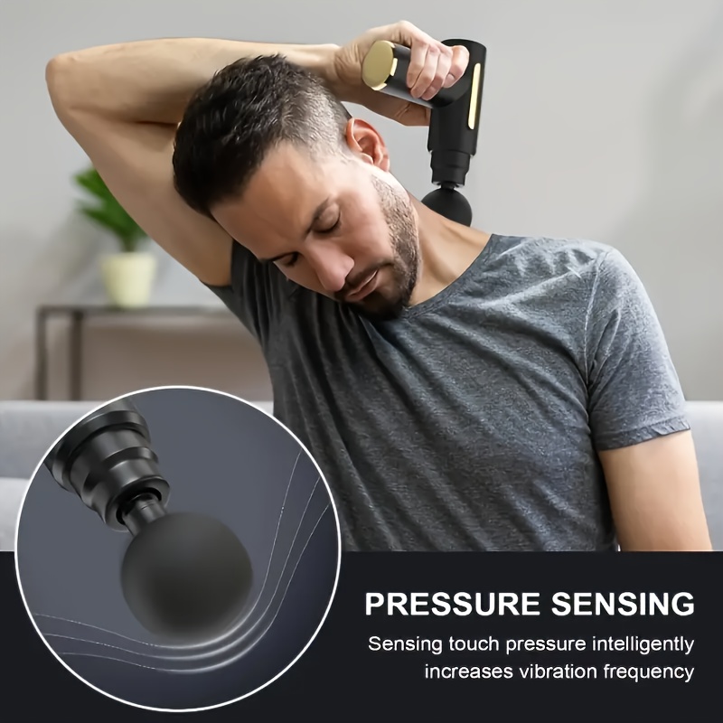 A Portable LCD Massage Gun with Four Attachments, Available in Four Colors, Featuring Six Speed Settings And Four Massage Heads, Ideal for Deep Tissue Massage of The Back, Neck, Legs, And Lower Back, Making It a Perfect Gift for Both Men And Women.
