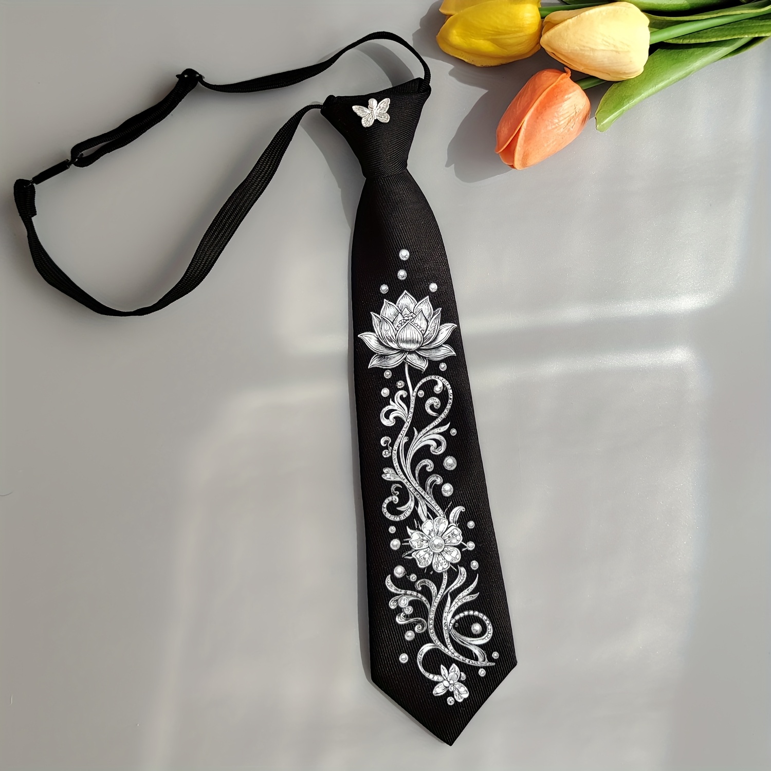TEMU High-end Retro Floral Combination Black And White Leaf Pattern Tie Original Decorative Trendy Accessory Unisex Classic And Fashion Combined