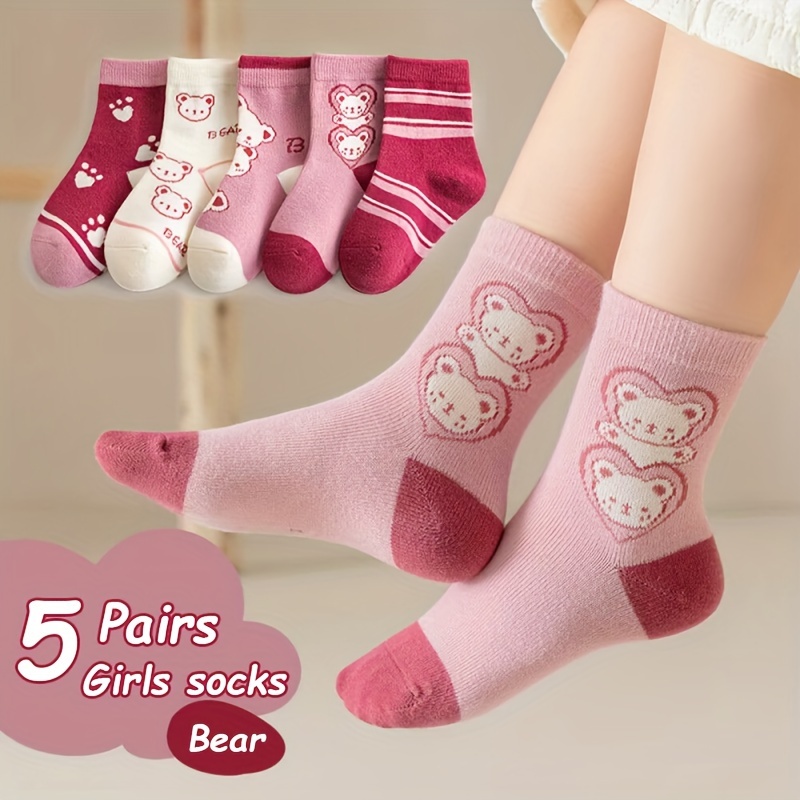 Image of 5pairs Girls' Cute Bear & Heart Socks - Soft Mid-calf For Wear Suitable For To Teen Girls, Socks, Hand Wash Only (ideal For, & Everyday)