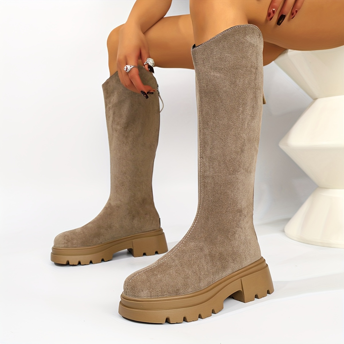 TEMU Women's Thick-soled High-top Riding Boots, Wide Calf Boots, V-neck High Boots For Plus Size Women, Winter Boots, Elegant Boots, Durable Boots,