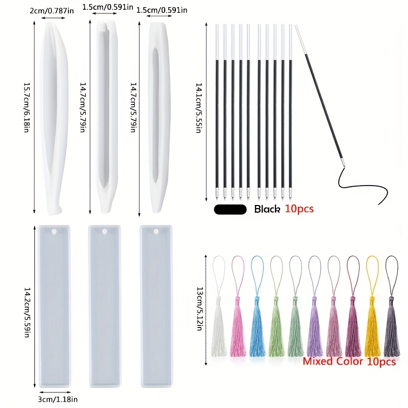 Image of Transparent Pen & Bookmark Silicone Molds Set, Epoxy Resin Casting Molds, Diy Handmade Stationery Craft Supplies, Hybrid Shape Pens Mould With Tassel & Charm Decor