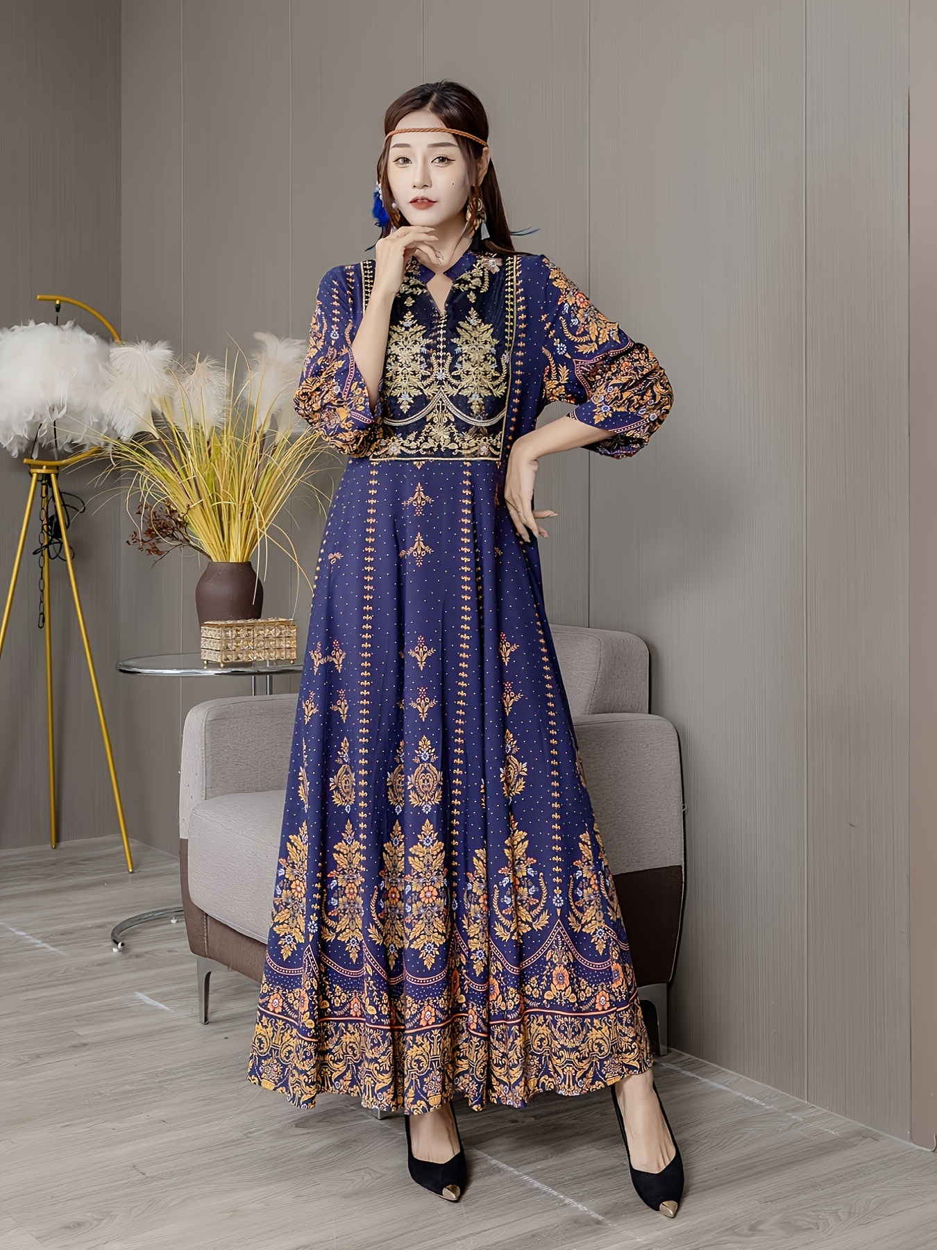 Middle Eastern Bohemian Style Embroidered Maxi Dress Ethnic Vintage Long  Skirt Casual Vacation Beach Dress Plus Size