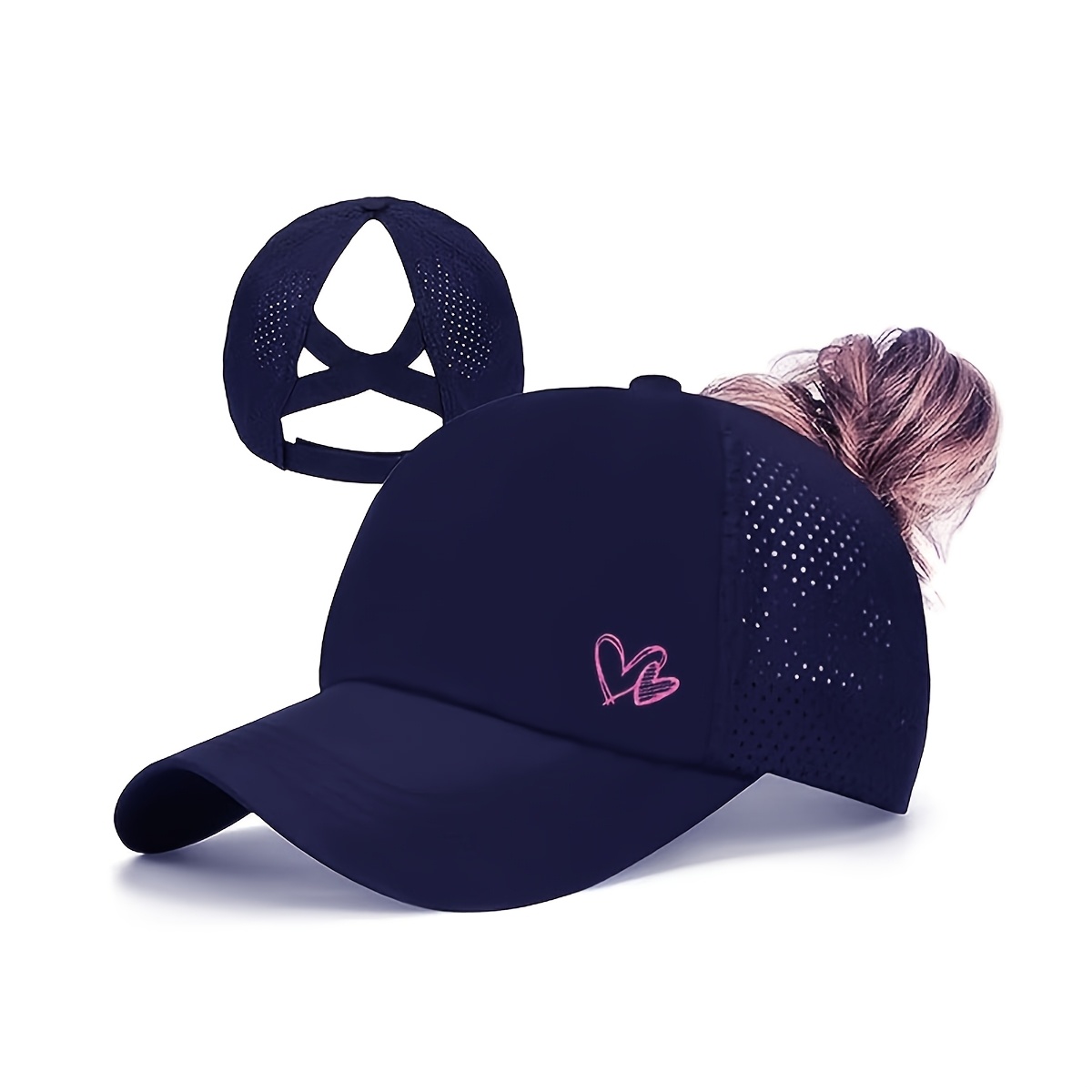 E-shop Unisex-Baseballkappe mit Pferdeschwanzloch & Krone/Herz-Design – Atmungsaktives Mesh, leicht, mit Klettverschluss – Geeignet für Outdoor,