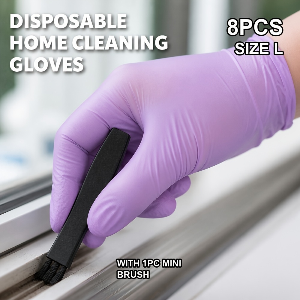 TEMU 8pcs Gants en Nitrile avec 1pc Mini Brosse de Détail, Respirants, Extensibles et Ajustés pour les Tâches Quotidiennes, les Ménagers, le Ménage
