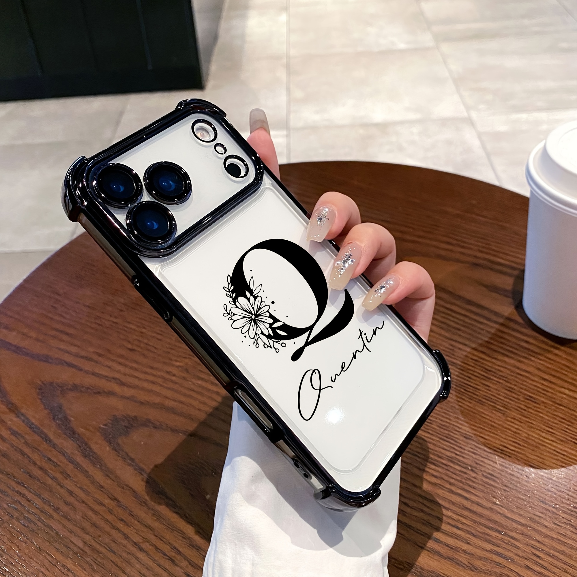 TEMU Phone Case: Customized Flower Letter Initials Name Transparent Phone Case Compatible With Iphone 17 16 15 14 13 12 11 Pro Max Tpu Lens Protector