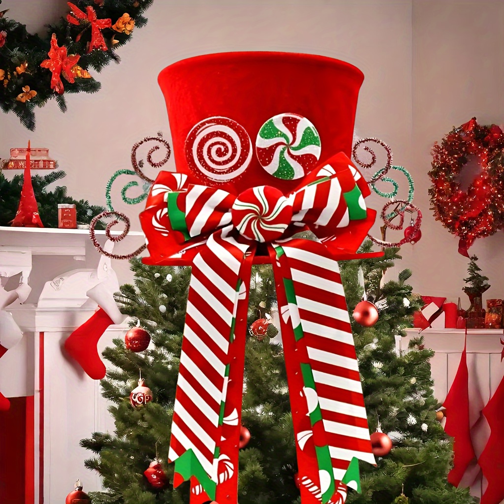 

Christmas Tree Topper With Red Hat & Mint Bow - Decor, No Power Needed, Polyester Holiday Decorations