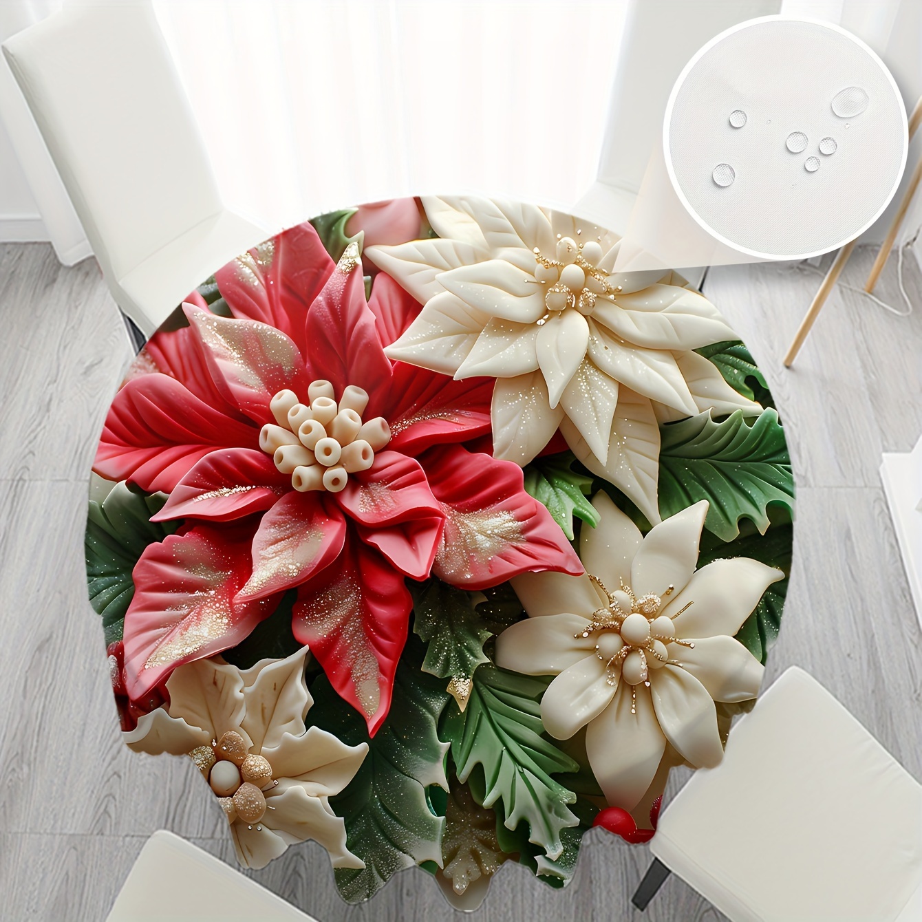 

1pc Polyester Round Tablecloth - Christmas Poinsettia & Holly Design, Water And Stain Resistant, Machine-woven, Perfect For Dining Room, Parties, Bbqs, And Weddings