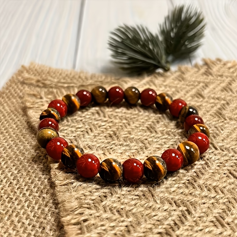 TEMU Bracelet en œil de tigre naturel et rouge, bracelet extensible réglable , unisexe