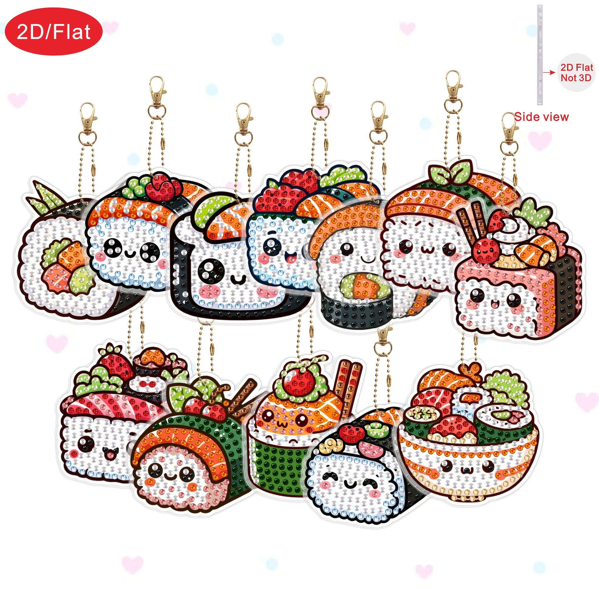 TEMU 2d/flat 12pcs Cute Sushi-themed Diamond Painting Art Keychains, Creative Hanging Decorations, Suitable For Adult 5d Double-sided Rhinestone