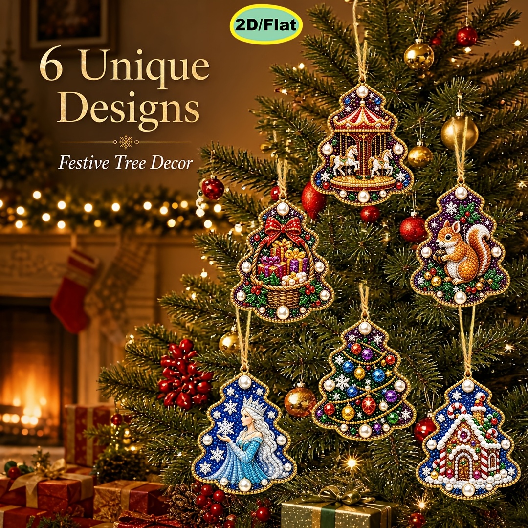 TEMU Diamond Painting Kit 6pcs Set Pearl Diamond Painting Wooden Small Pendant Christmas Tree Outline Theme 2d Flat Pre-printed Wooden Sheet Beginner