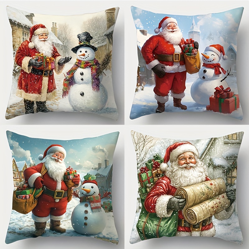 

4-piece Set, Christmas Santa Pillowcases 17.72x17.72 Inches, Contemporary Style, Polyester, Zippered Covers, Printed, Hand Wash Only, For Living Room Sofa, Bed, Bedroom Decor