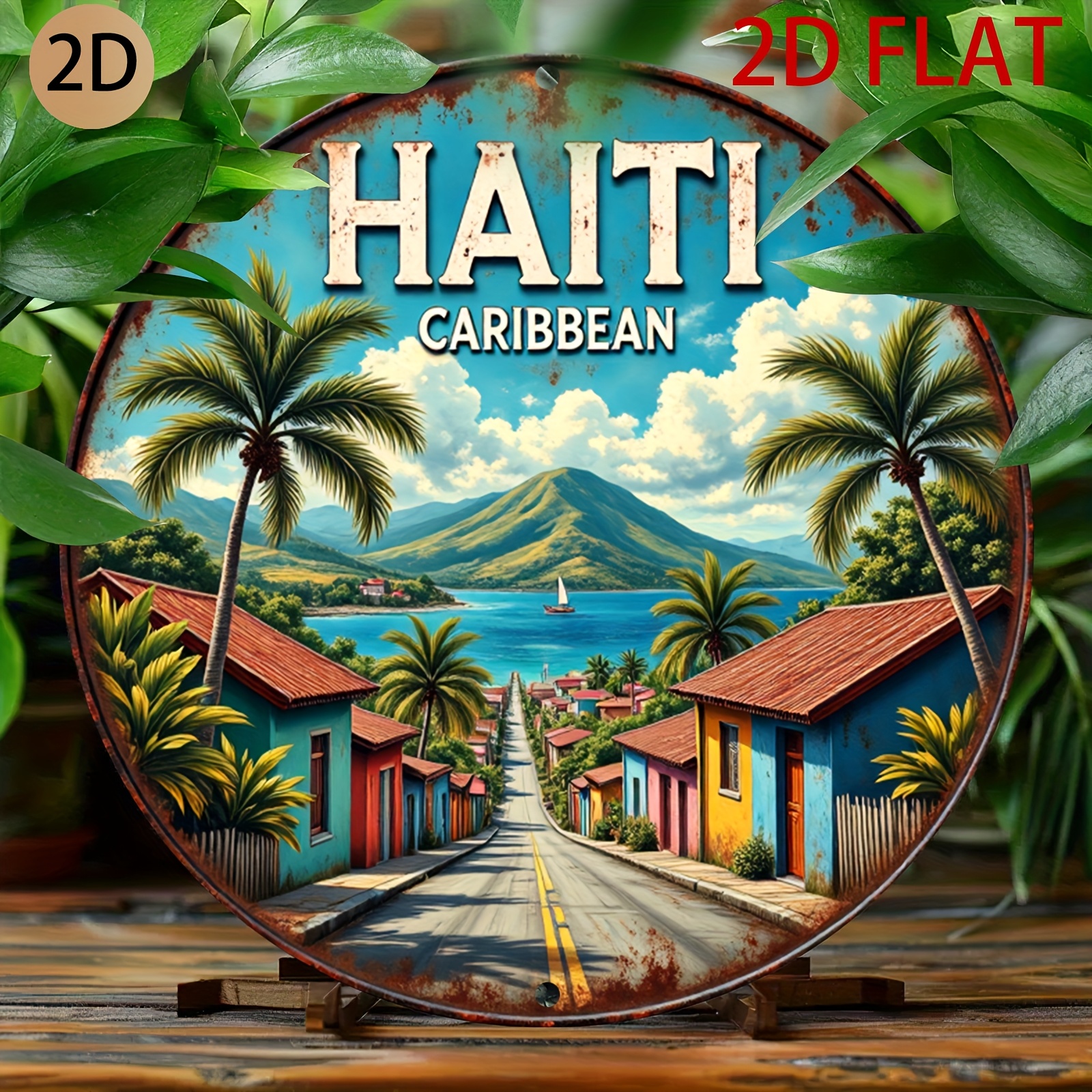 TEMU Panneau Métallique Circulaire 2D Plat - Style Rétro avec un Design Tropical du Haïti, Idéal pour Décorer un Bar Maison ou un Café
