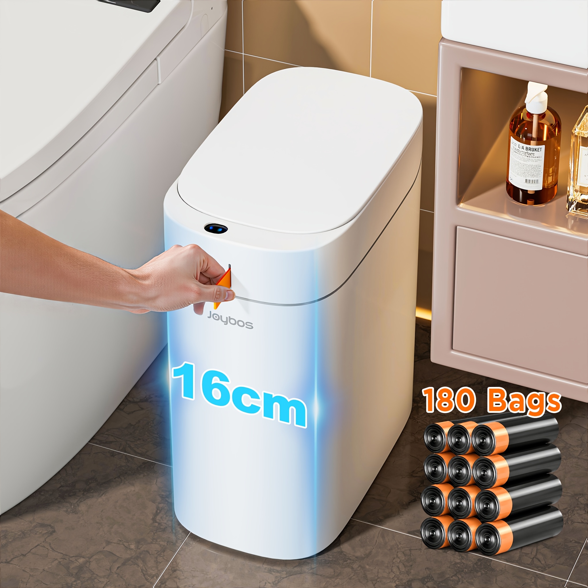 1pc+180 Bags/13.5l Touchless Sensor Trash Can With Lid - Motion Activated Waste Bin, Hygienic Operation Suitable For Bathroom, Bedroom, Office, Home, Compact Rectangular Plastic Bin For Small Spaces