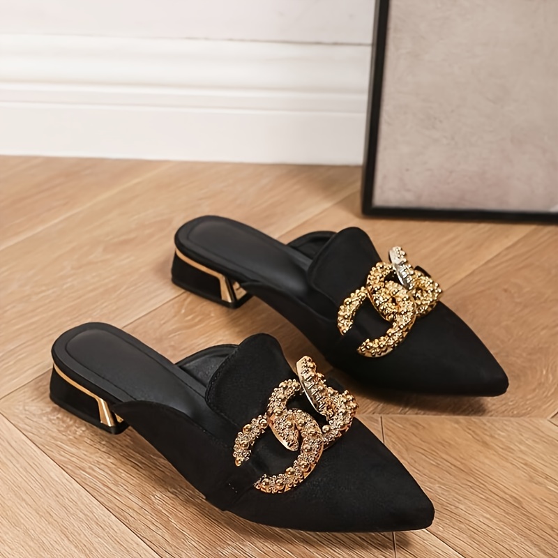 Women's Pointed Toe Slip-On Mules with Metal Buckle