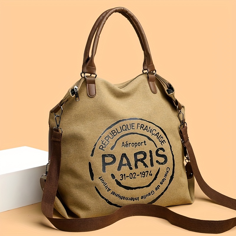

Canvas Tote Shoulder Bag With Vintage Paris Print, Durable Crossbody Satchel For Work And School, Fashionable Style Bag With Multiple Colors