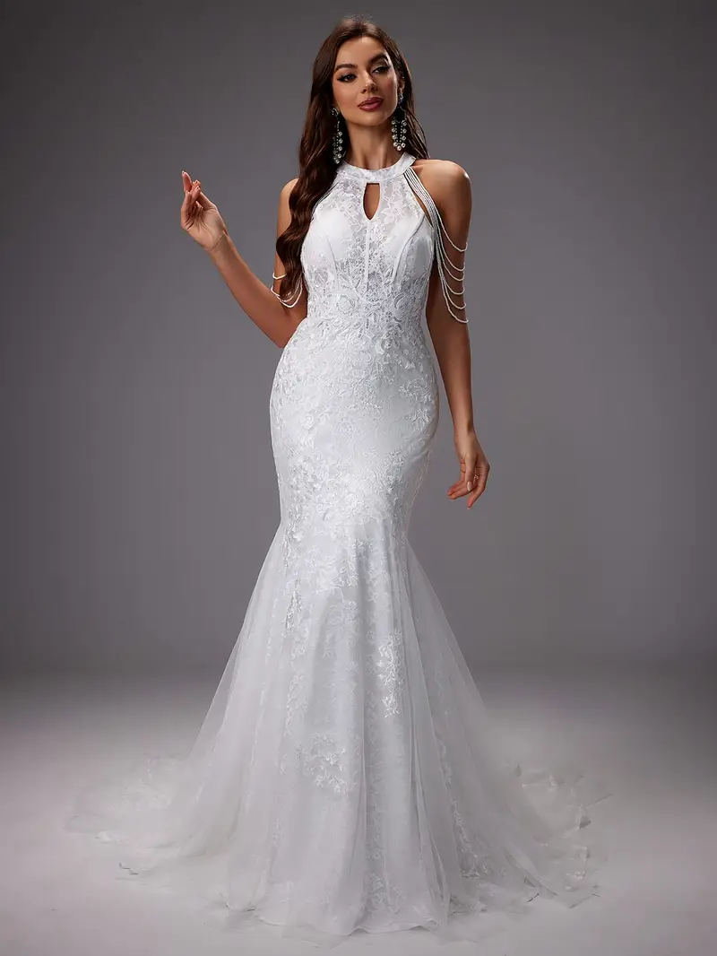 elegant high neck sleeveless lace mermaid wedding dress - Temu Italy elegant high neck sleeveless lace mermaid wedding dress - Temu Italy