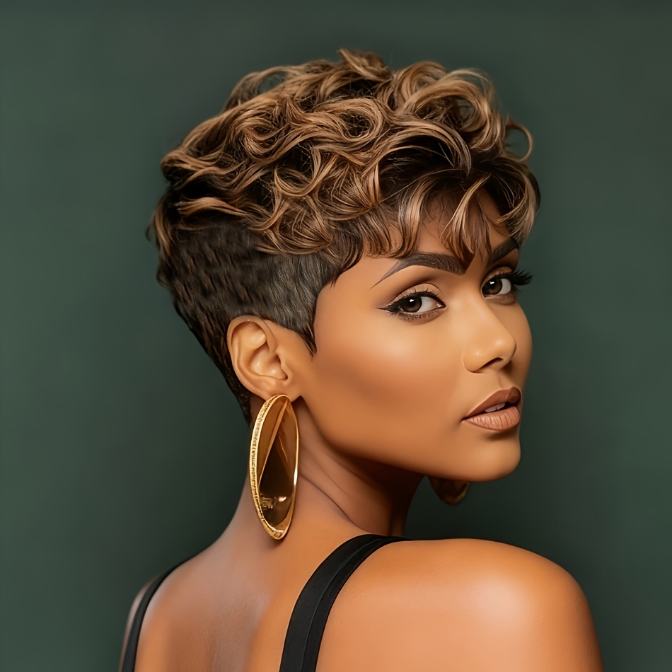 TEMU Chic Highlight Brown Wig Cut Curly Wig Straight And Curly Human Hair Wig Elegant And Laryed Style Comfortable Net Wigs Perfect For Daily Wear & Party & Christmas & New Year &