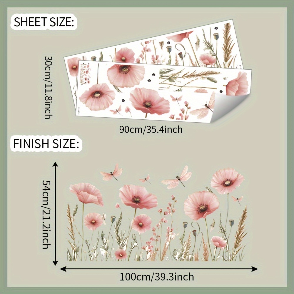 1 Set Of 2pcs, Floral Stickers, Pink Rhoeas Dragonfly, Removable Waterproof Pvc Stickers, Suitable For Living Room, Bedroom, Study, Office, Lounge Area, Home Decor, Wall Decor, 11.8*35.4inch*2pcs