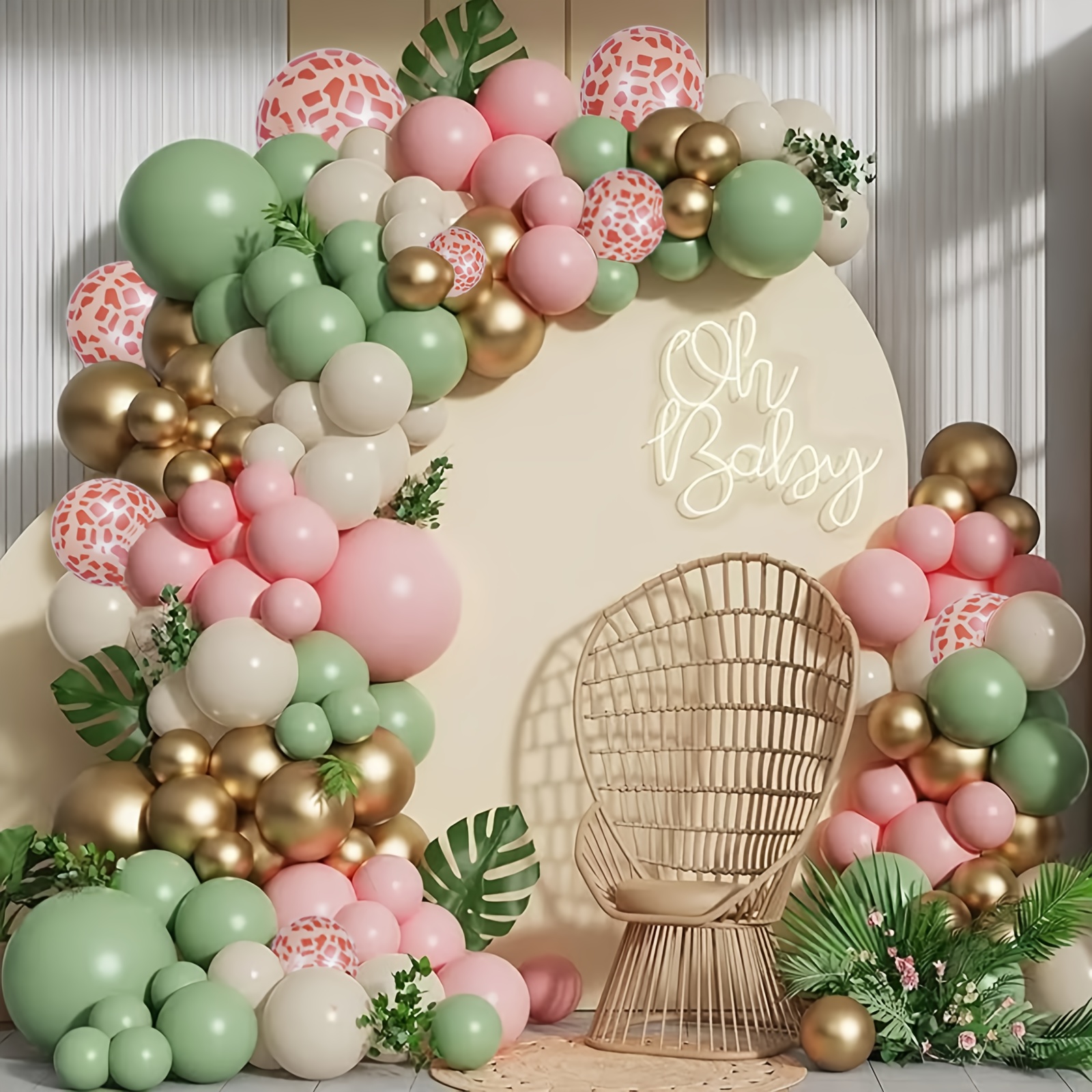 Pink And Green Balloon Garland, Thin Balloon Garland Jungle, 103pcs Of Sage Green And Pink Metallic Balloons, Print Foil Balloons For Girls' Birthdays, Weddings, Showers, And Decorations