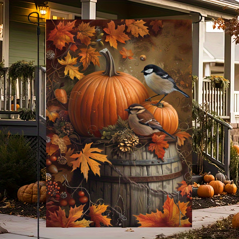 

1pc, Polyester Weather Resistant Garden Flag With Pumpkins And Birds, 12x18 Inch Double Sided Vibrant Halloween And Thanksgiving Decorations, Patio Decorations For A Fun Front Porch