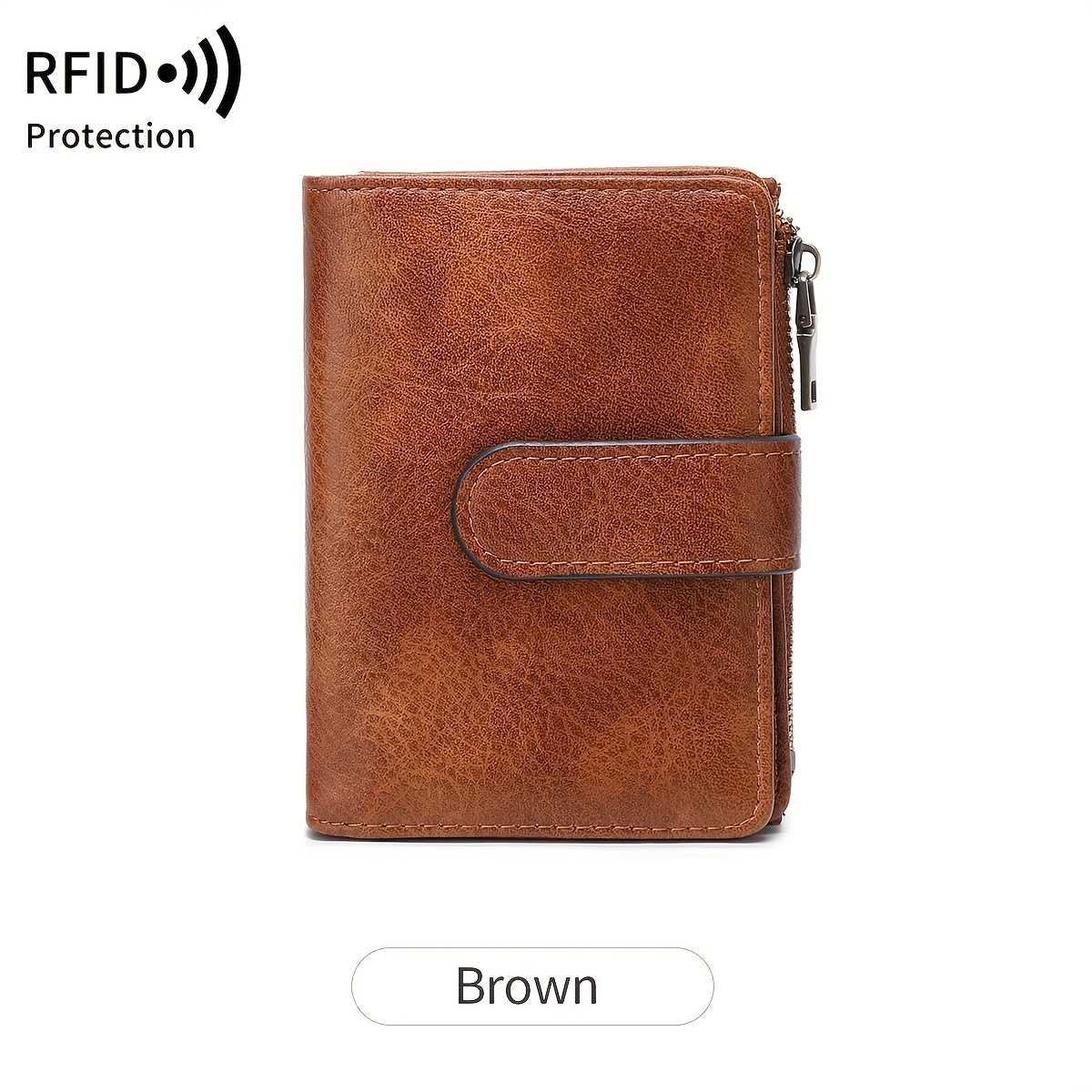 Image of Rfid Anti-theft Women's Wallet Multi-carat Zipper Wallet, Retro Multi-functional Short Wallet, Solid Color Short Wallet, Portable Bifold Coin Purse, Women's Credit Card Holder