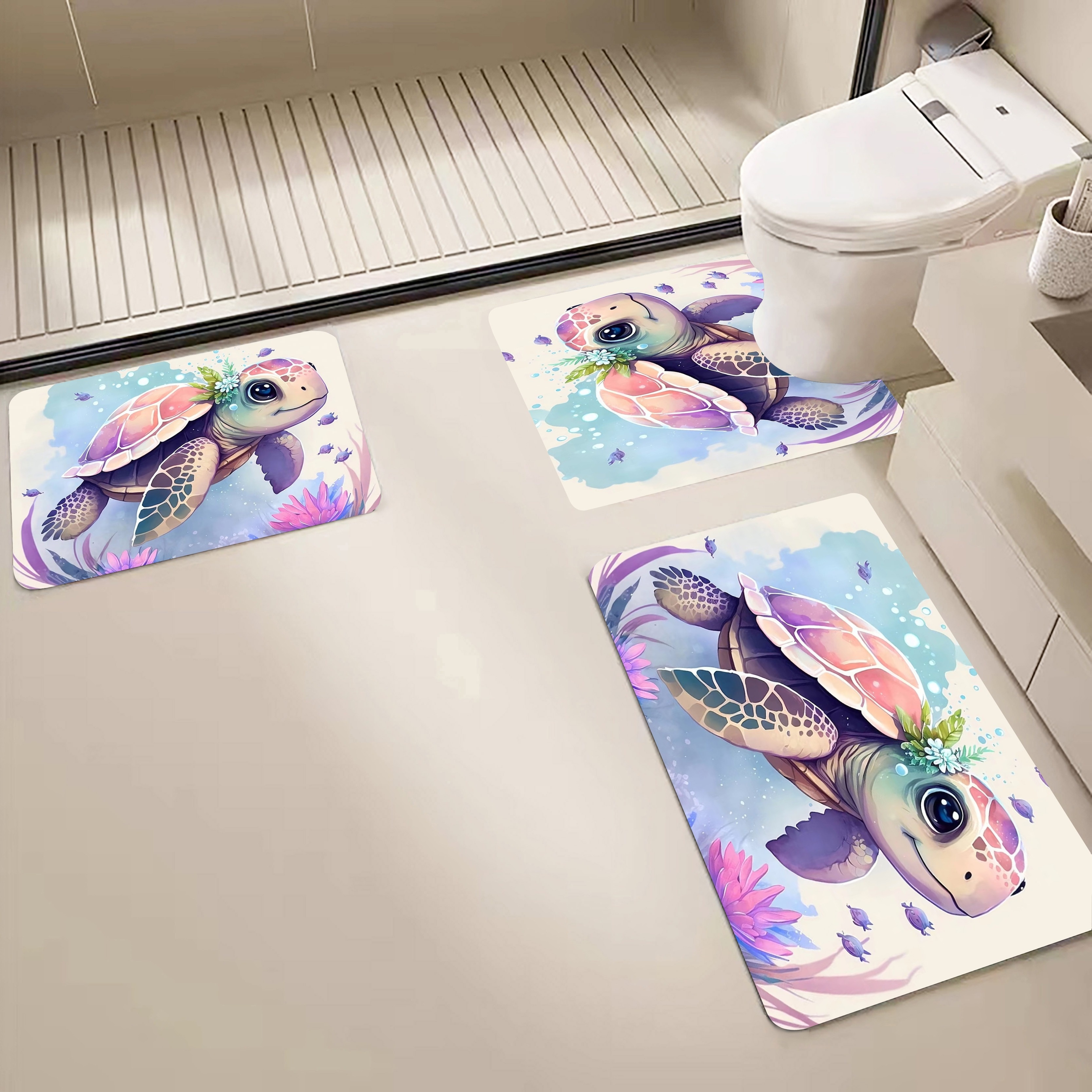 

1pc Cute Cartoon Pink Turtle Print Floor Mat, Colorful Ocean World Bathroom Water-absorbing Anti-slip Mat, Fansty Children's Bedroom Carpet, Bathroom Accessories, Home Decor, Aesthetic Room Decor