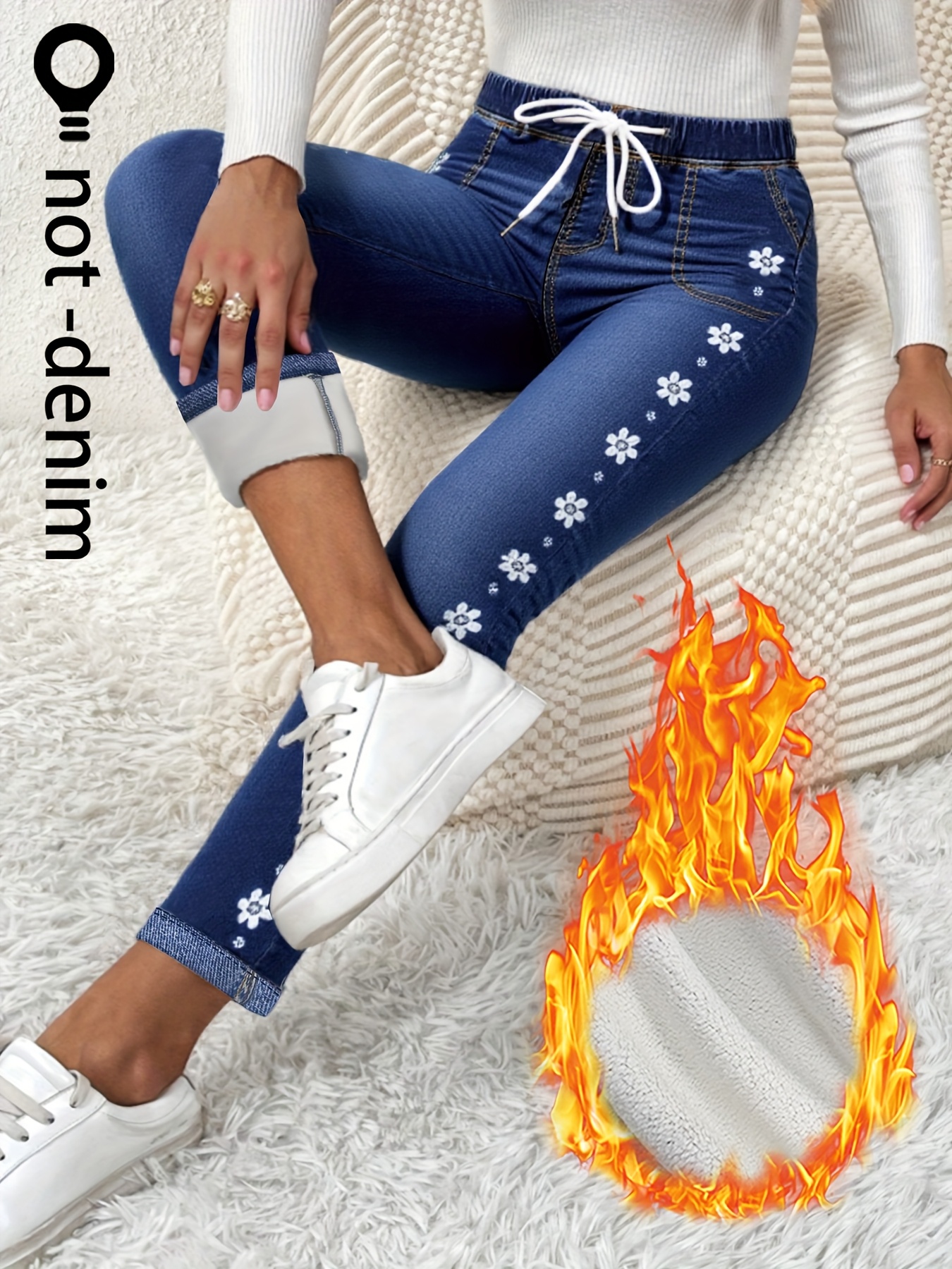 [denim print/  denim] autumn and winter fleece-lined   denim pants with floral print, drawstring design, fashionable casual wear for women, versatile everyday  , comfortable elastic waist, all-match   fit   denim effect full-body print, outdoor and home use long trousers Product details 0