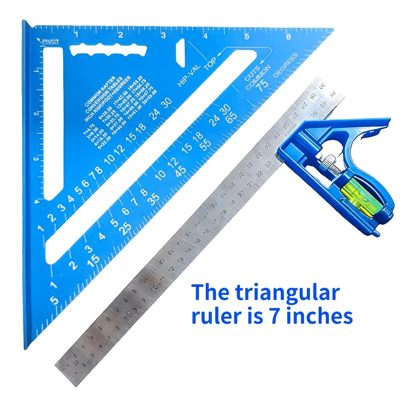 TEMU 2pcs Multi-functional Adjustable Woodworking Tool Set, Blue Triangular Woodworking Ruler, With Digital Caliper And Tape Measure, Wear-resistant