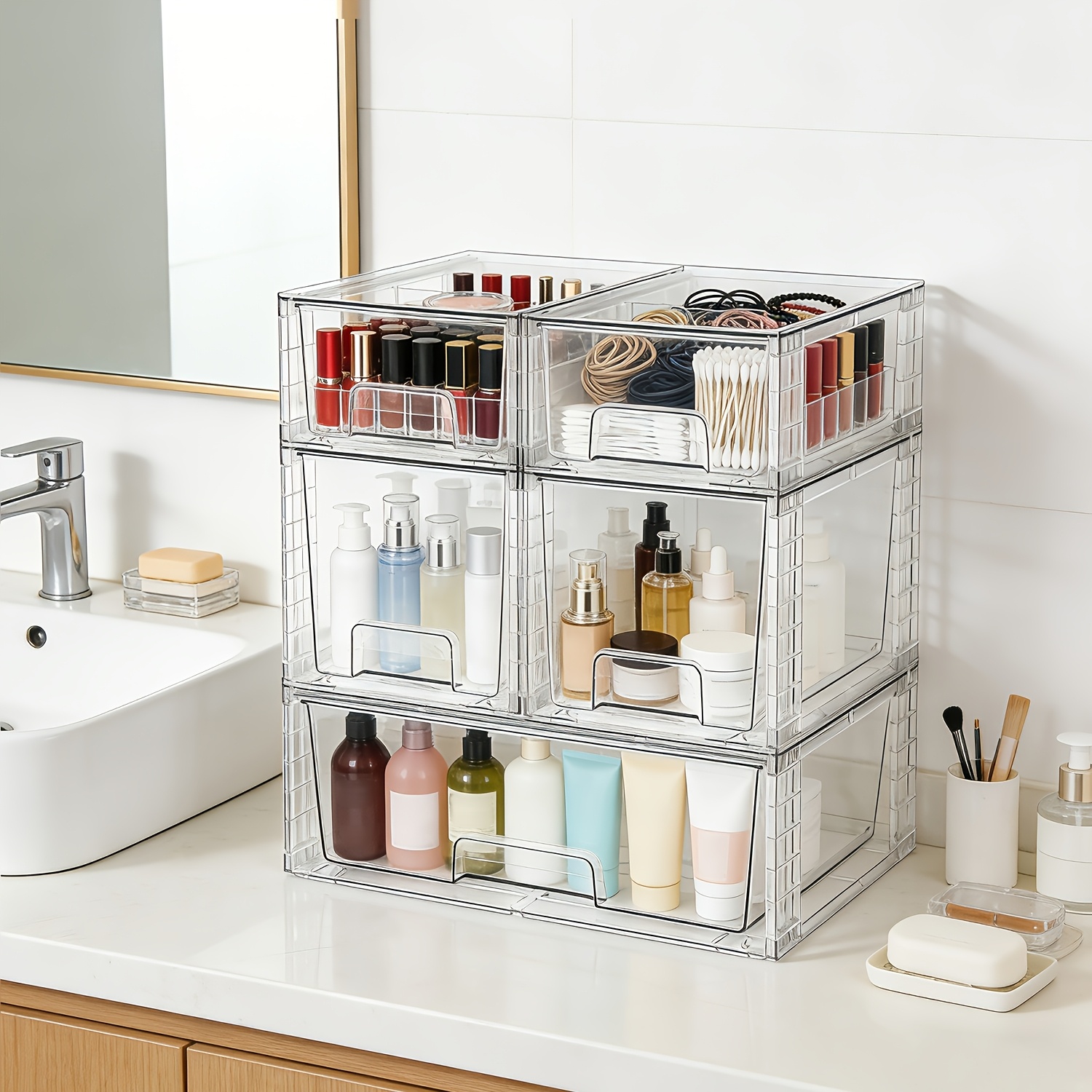 TEMU Set Of 5 Clear Stackable Storage Drawers | Acrylic Bathroom Kitchen Undersink Organizers, Plastic Storage Bins For Closet, Cabinet, Pantry