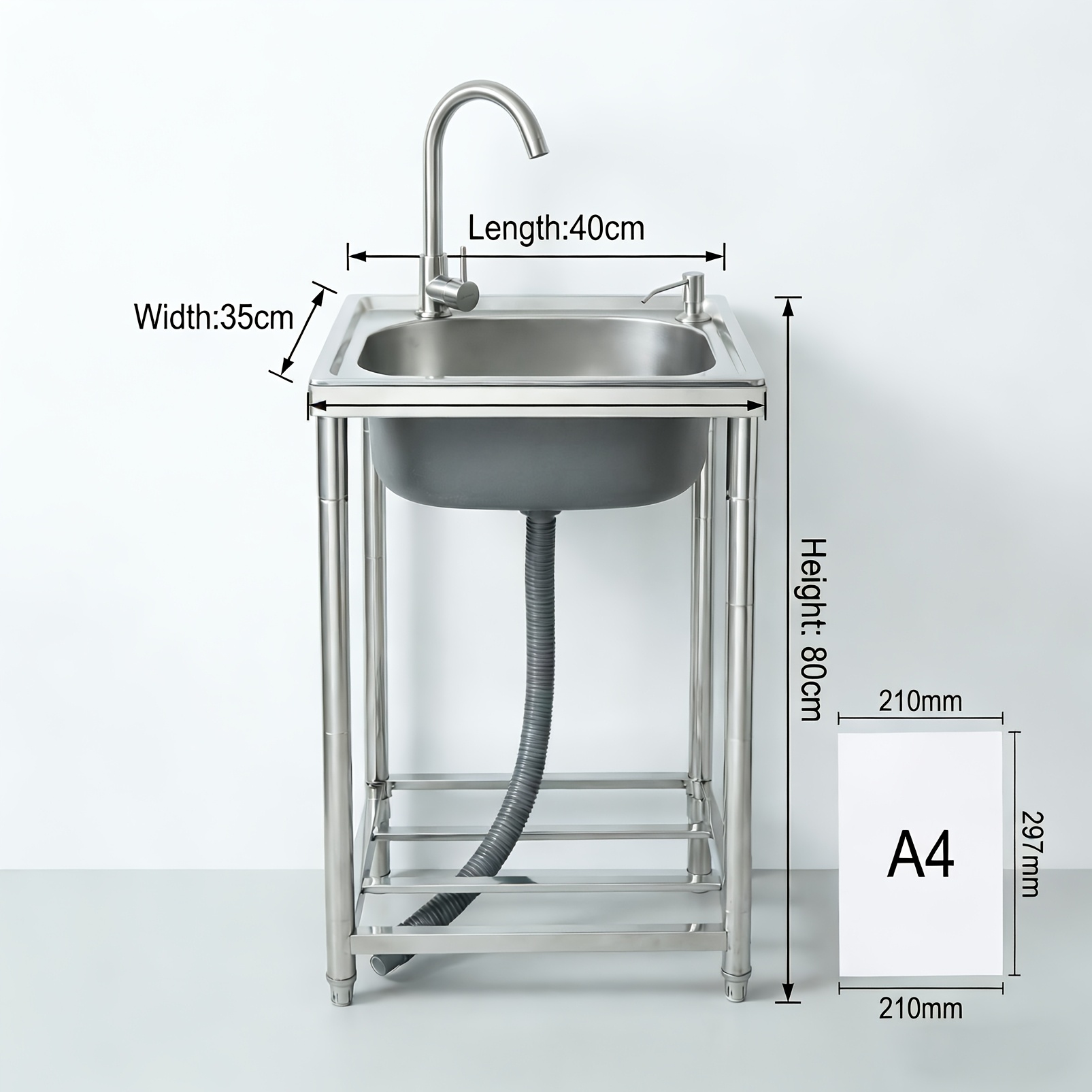 Stainless Steel Freestanding Sink, Kitchen Sink, Garage Sink With Hot And Cold Faucet, Bathroom Sink With Soap Dispenser, Garden Sink, Outdoor Camping Sink, Portable Sink