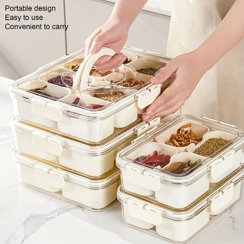1pc Storage Container, Leak Proof And Reusable 4/8-grid Food Sealed Box With Lid, Portable Divided Food Sealed Box, For Spice, Fruit, Meat And Vegetable, Kitchen Organizers And Storage, Kitchen Accessories
