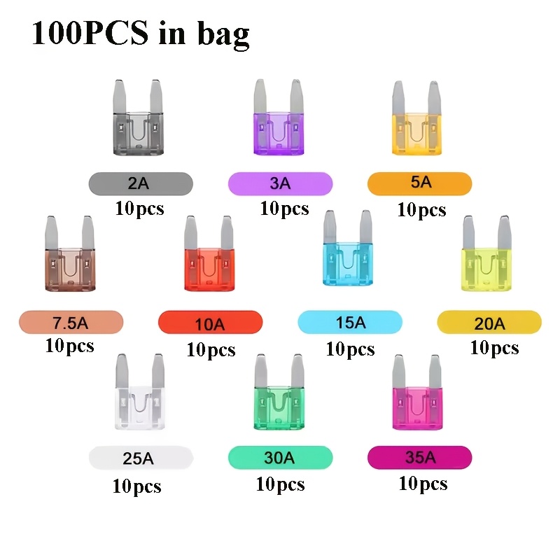 TEMU 100pcs Small Automotive Fuse Kit, 2a 3a 5a 7.5a 10a 15a 20a 25a 30a 35a - 10 Types Of Automotive Blade Fuses With Clips, Suitable For Cars, Rvs,