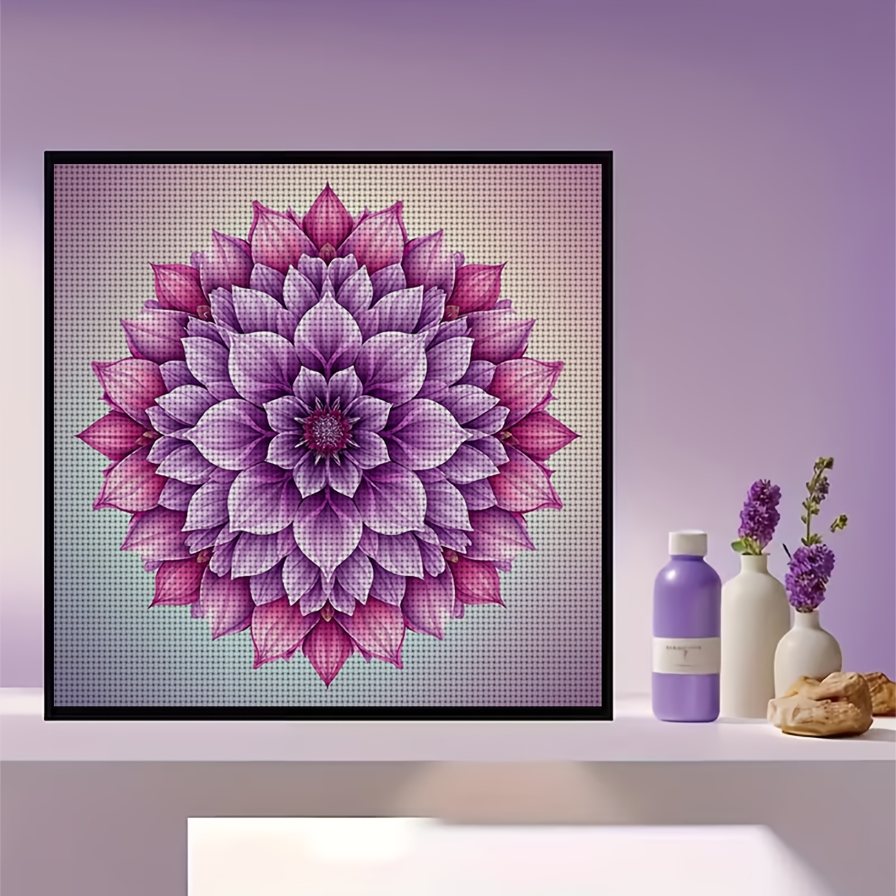 Frameless Cross Stitch Printed Kit with Purple Gradient Mandala Flower Design