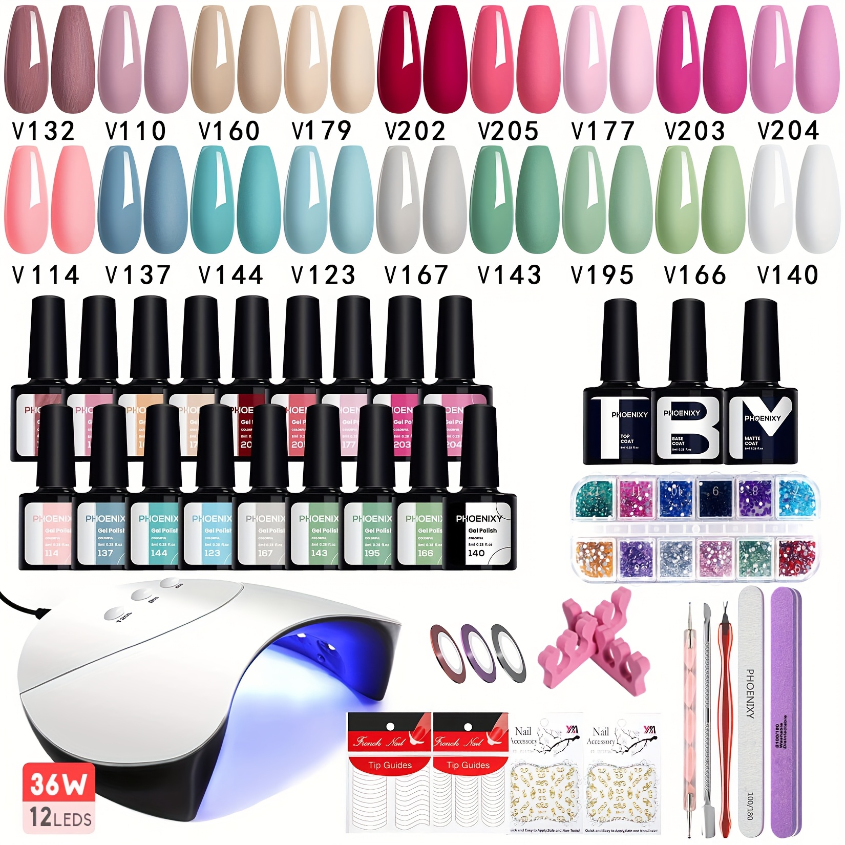 TEMU Phoenixy Gel Nail Polish Kit With U V Light, 36pcs Gel Nail Kit Pink Blue Green Nail Polish Set Manicure Starter Kit Gifts For Women