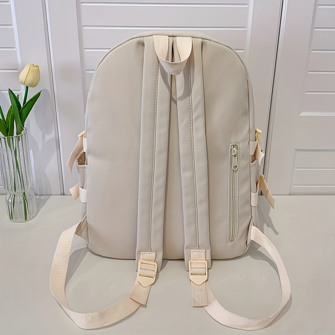 huantu beige nylon backpack casual solid color foldable - Temu