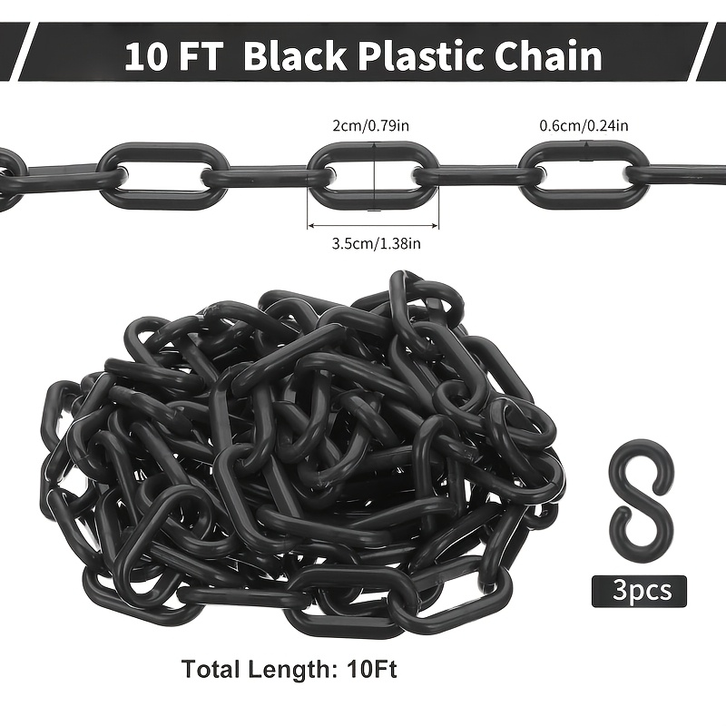 Image of 10ft Black Plastic Barrier Chain With 3pcs Chain S-hooks, Easy To Clean, Rust-proof, Safety Barrier Chain, Suitable For Construction Sites/garages