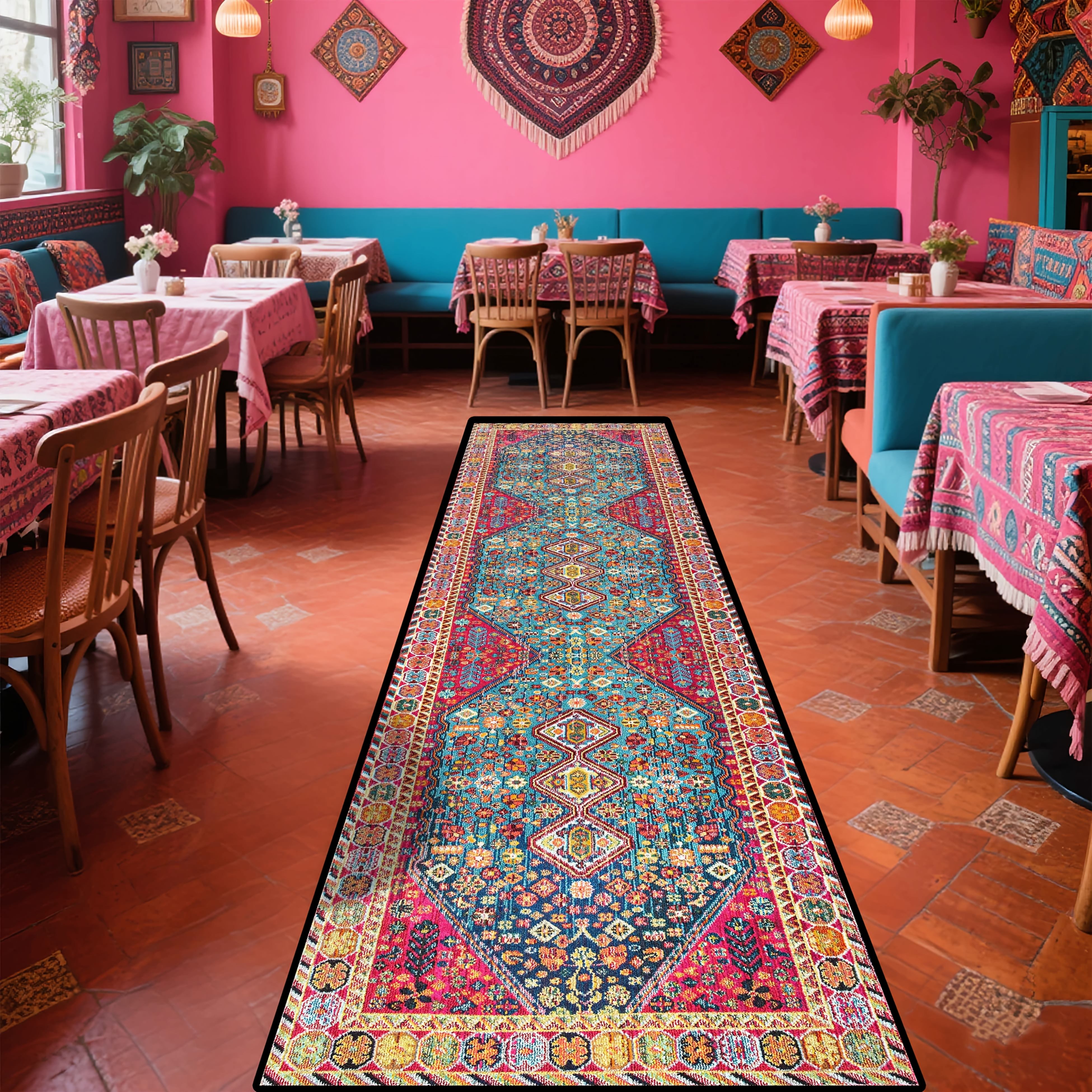 Image of A Persian-style Exquisite And Intricate Patterned Runner Carpet, Made Of Plush Material, Suitable For Indoor And Outdoor Use, Machine Washable And Easy To Clean