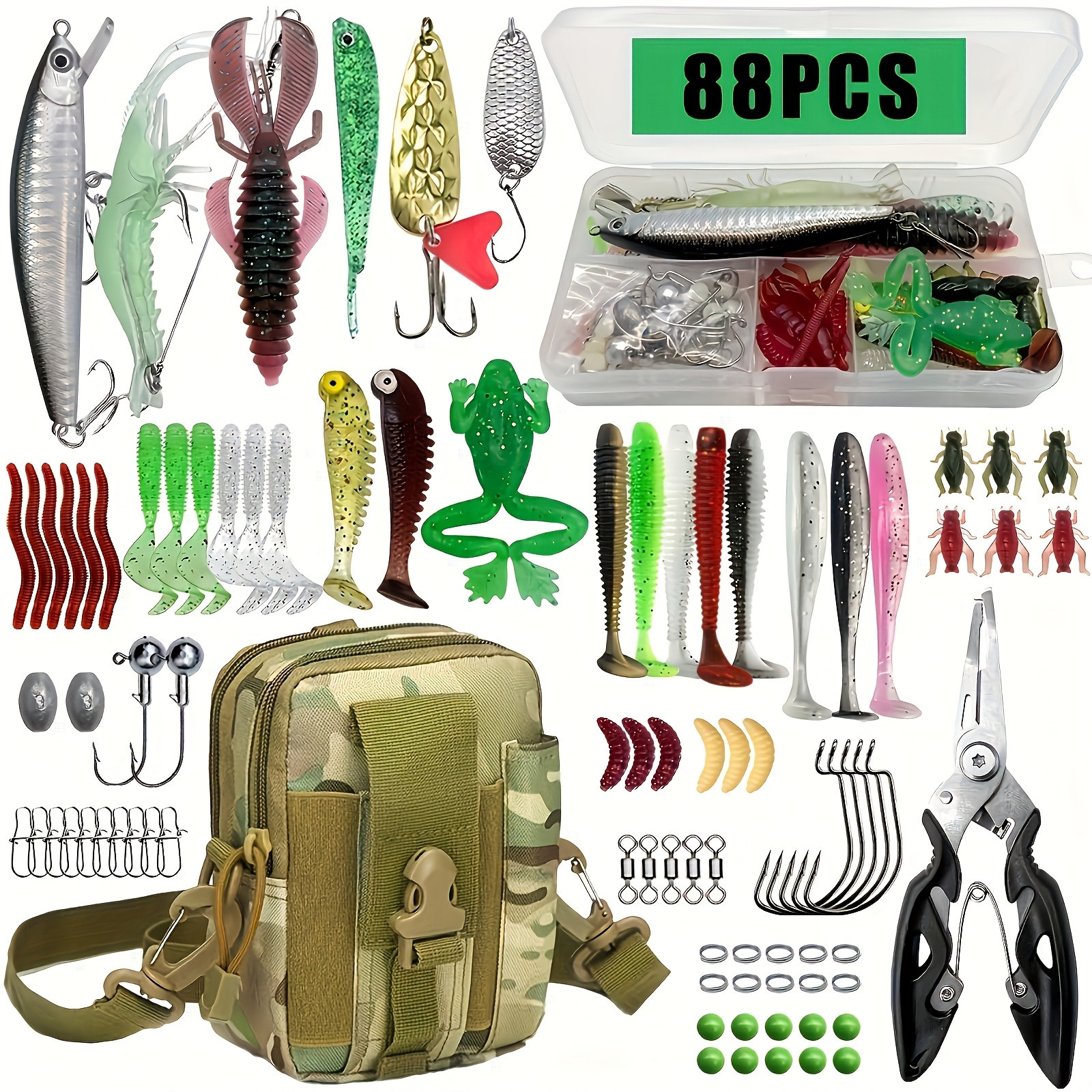 88/139/412pcs Fishing Tackle Set With Storage Box, Includes Waist Pack Or Backpack, Soft Baits, Hard Baits, Fish Hooks, Sinkers, Spinnerbaits, Lures, Perfect Gift For Fishing Enthusiasts