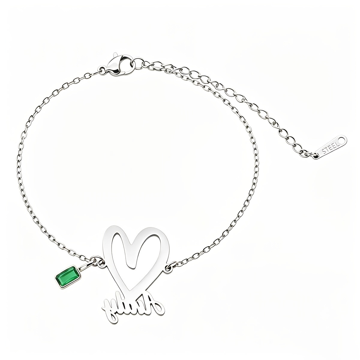 Women's Custom Heart Name Bracelet with Green Crystal Charm