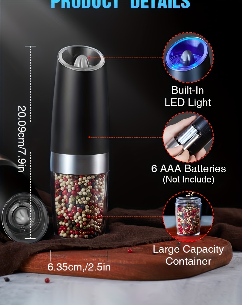 electric salt and pepper grinder set salt or pepper grinder adjustable coarseness battery operated with led   hand automatic operation stainless steel   in   colors details 8