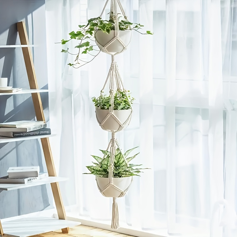 

1pc, Macrame Double Plant Hanger Indoor Outdoor, 3 Tier Hanging Planter Basket Cotton Rope With Beads