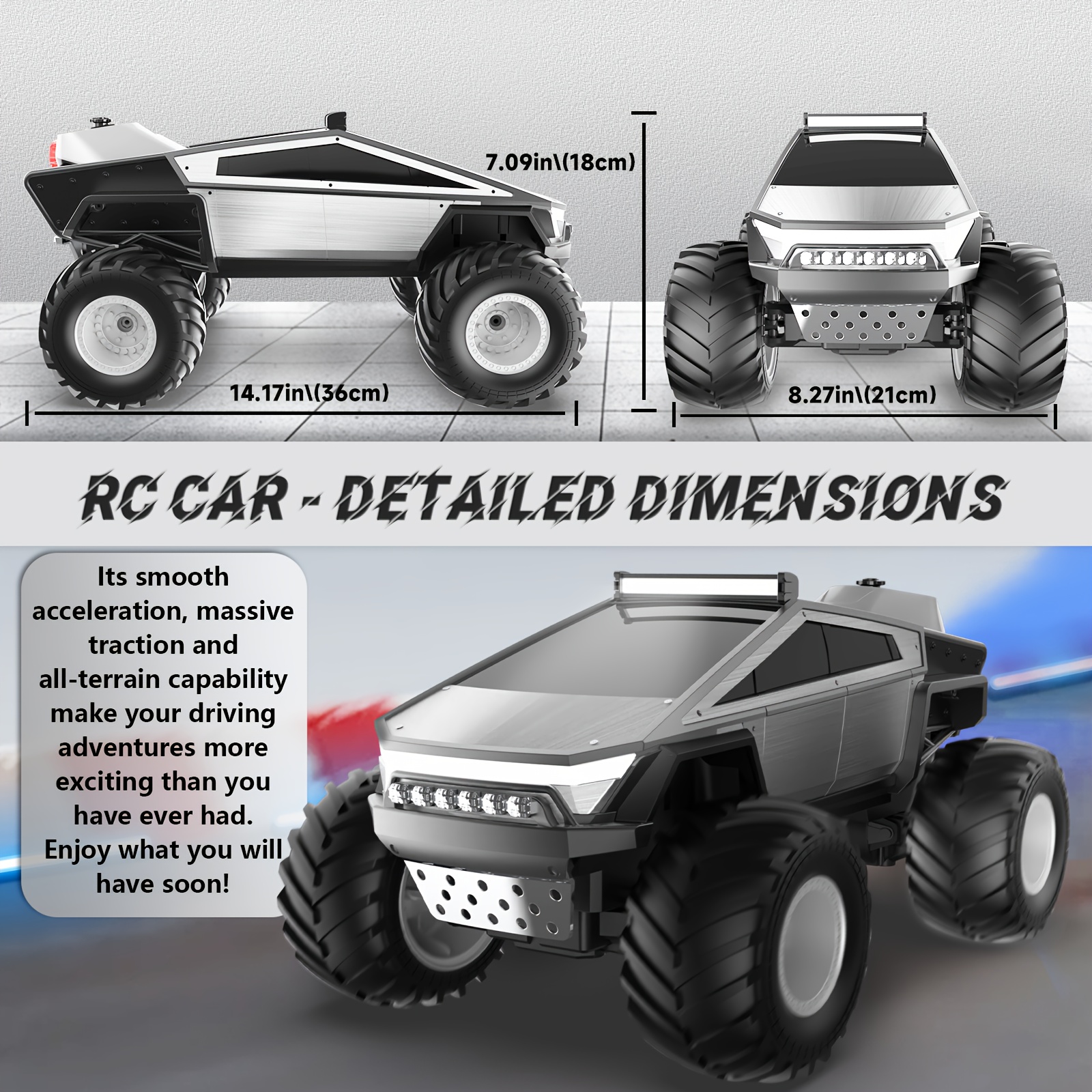 2 4ghz 4wd all terrain   truck toy with led lights music metal body large all terrain tires realistic sound effects remote   road vehicle with ergonomic grip battery powered with rechargeable lithium polymer battery Product details 3