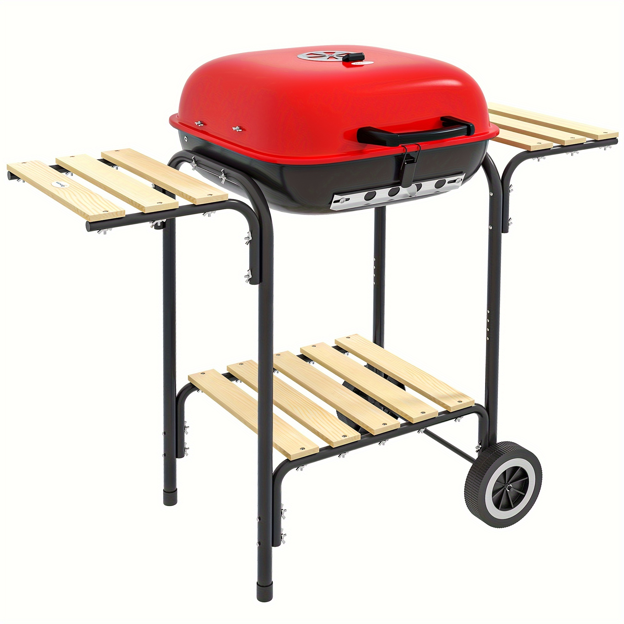

17-inch Portable Charcoal Grill With Wheels, 2 Side Tables And Bottom Shelves, Grill With Adjustable Vent With Lid, Perfect For Picnicking, Camping, Backyard, Cooking, Red