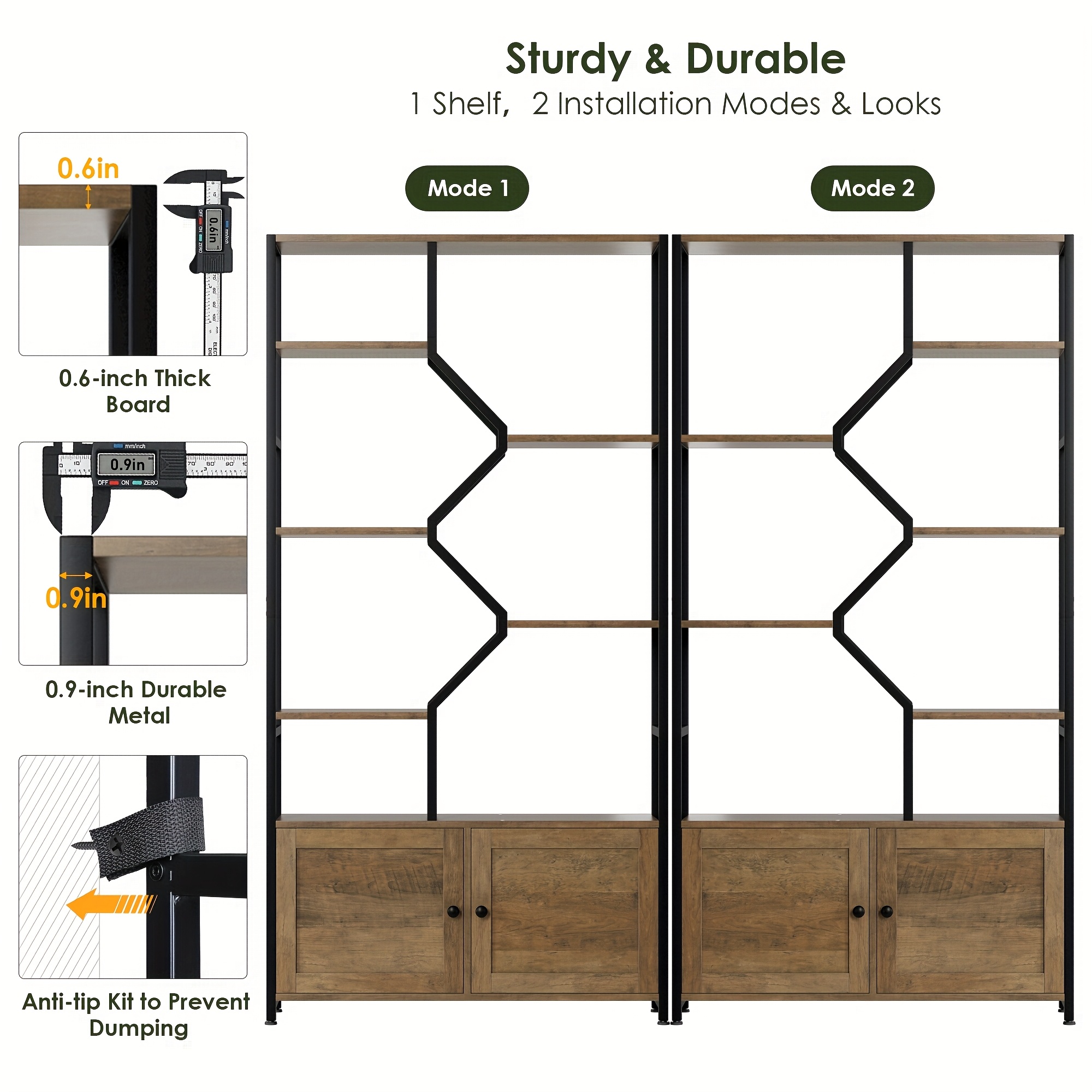 76'' Tall Industrial Bookshelf with Doors, Display Large Bookcase With Storage and Organization Cabinet, Unique Geometric Metal Frame Design, Sturdy Wooden Shelves, Organizer for Library, Living Room, Bedroom, Office, White and Golden/Brown and Black